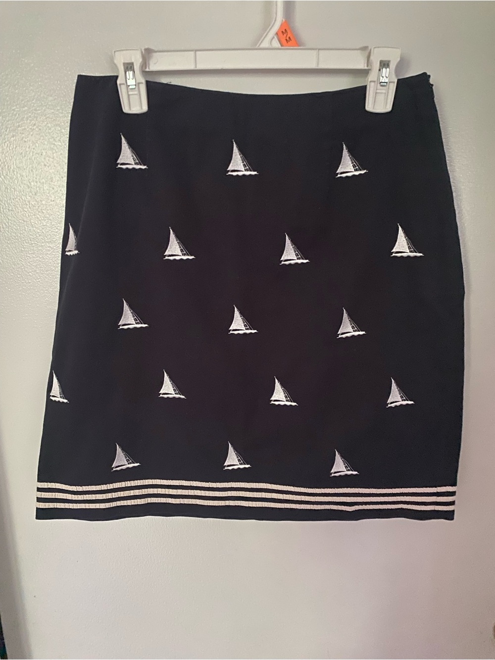 Talbots Black Pencil Skirt with White Sailboat Embroidery
